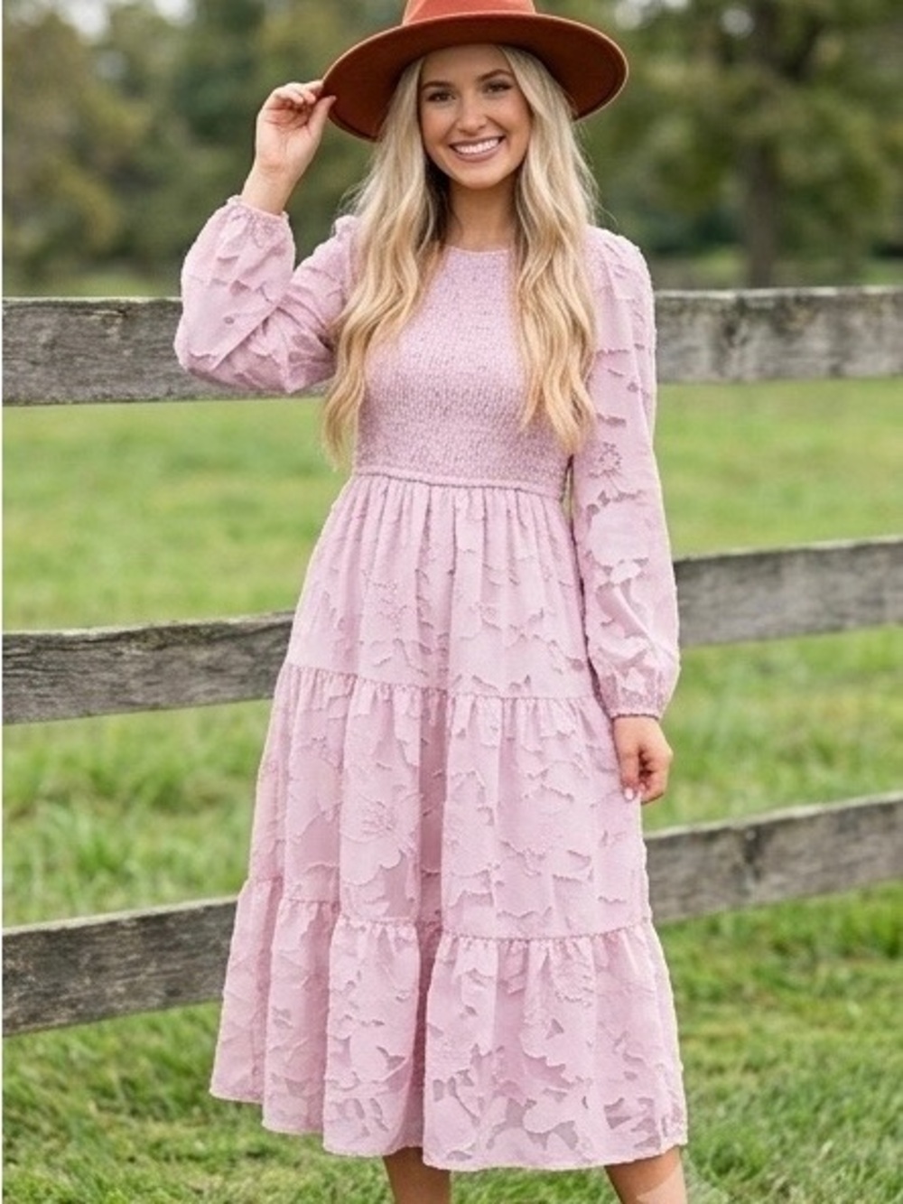 MEROKEETY FLORAL TEXTURED LONG SLEEVE SMOCKED MIDI DRESS Size M